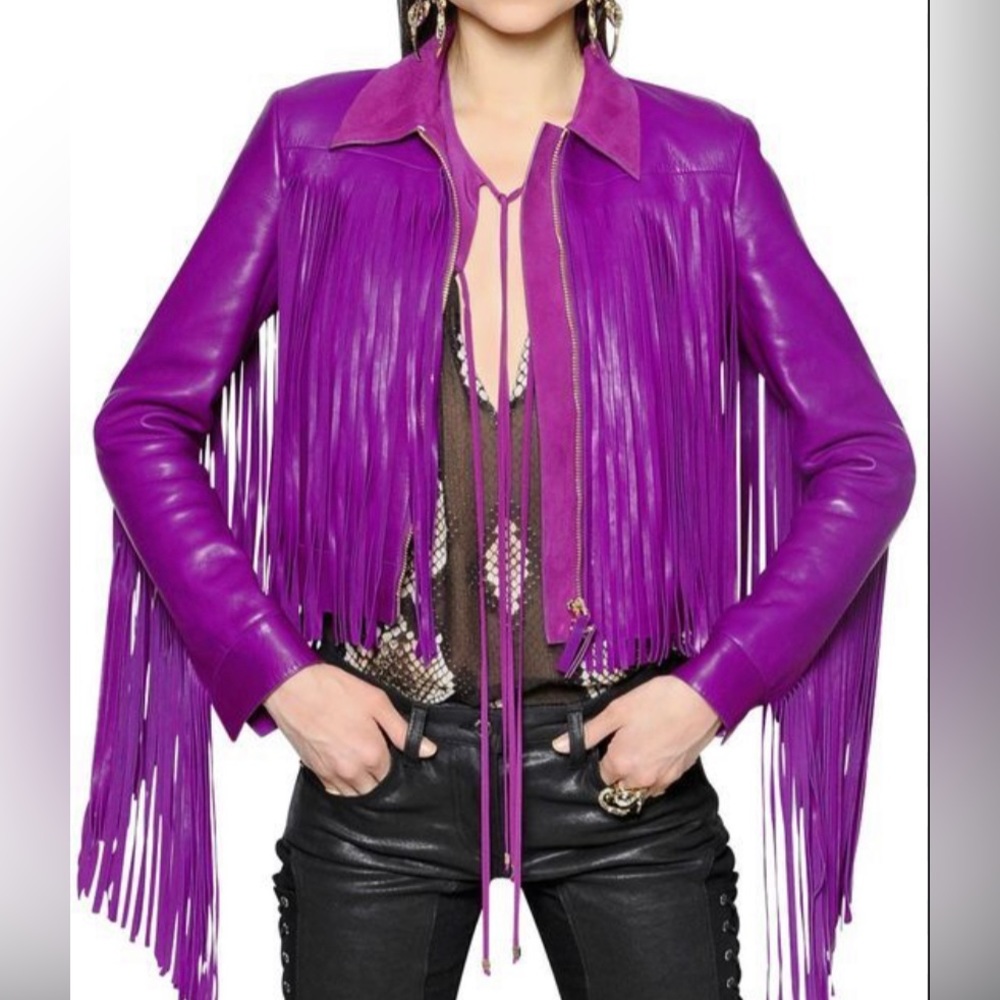 ROBERTO CAVALLI Fringed Nappa Leather Jacket In Purple, size IT40